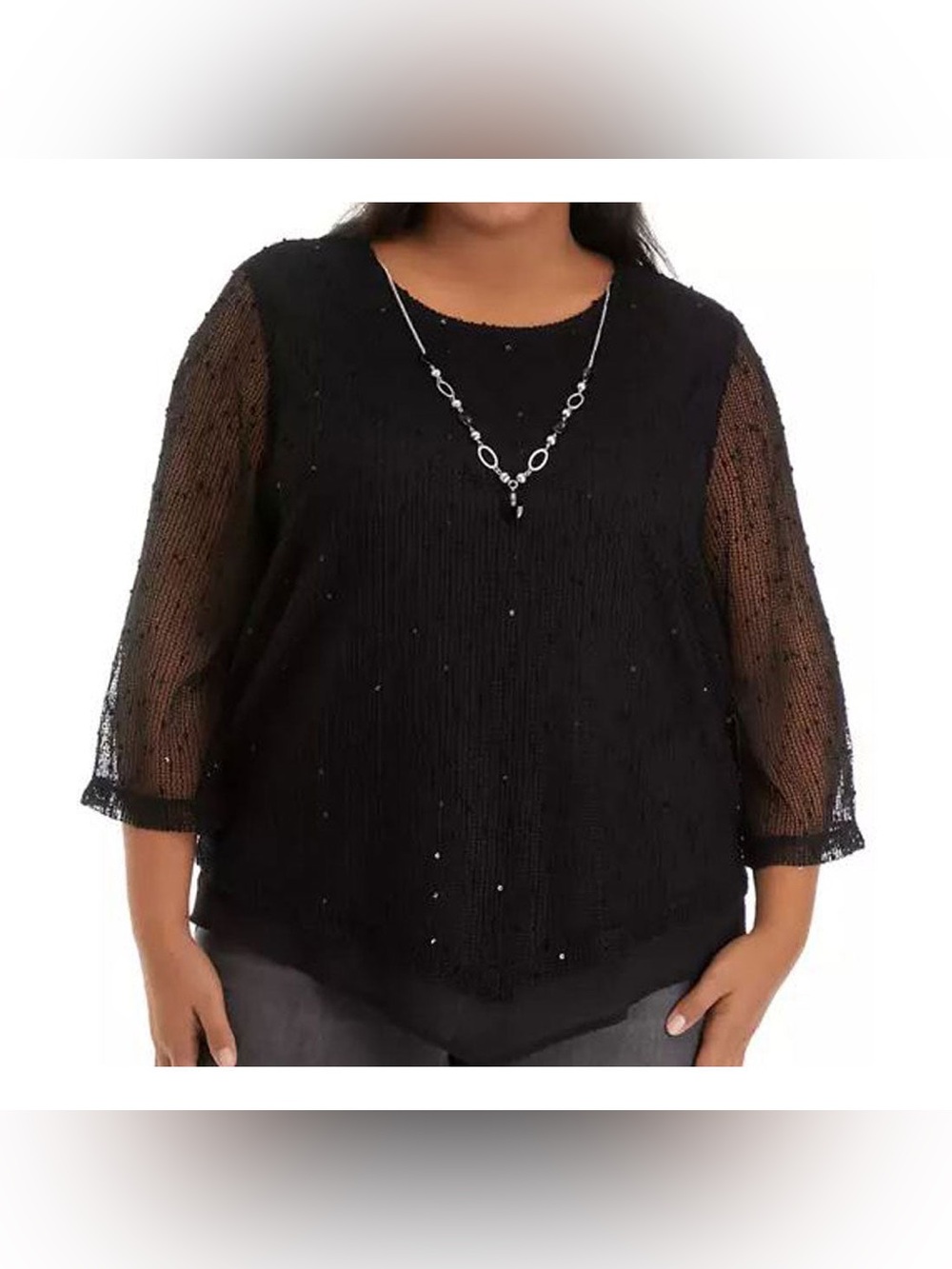 Black Alfred Dunner Plus Size Mesh Sleeve Women's Top